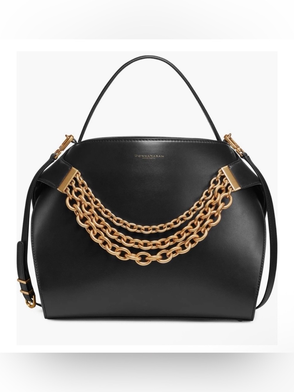 Donna Karan Plandome Gold Chain Black Leather Satchel Shoulder Bag.